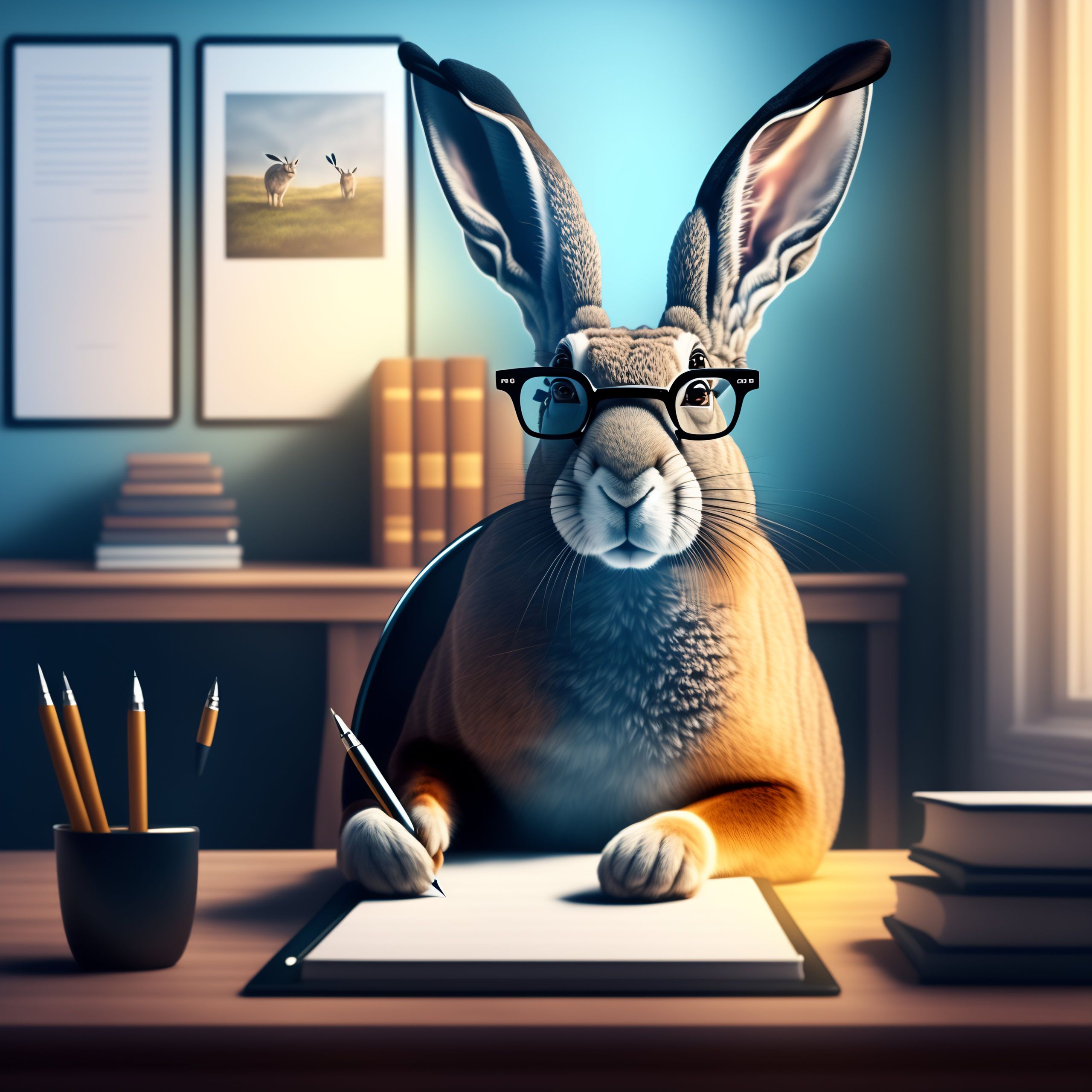 A large, grey hare wearing glasses and holding a pen. He stands behind a desk and writes notes on a notebook. There are political cartoons and awards hanging on the wall behind him.