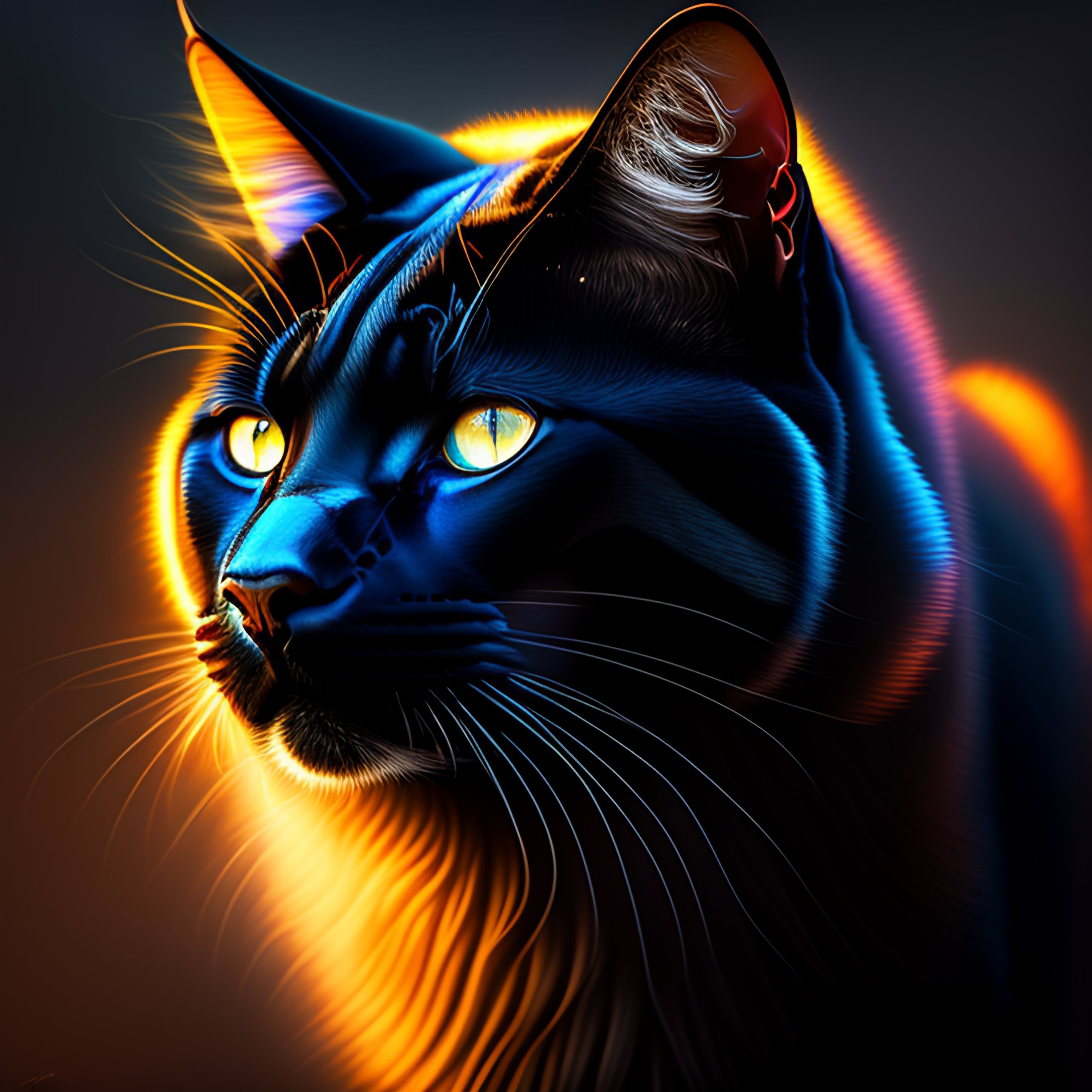 A large black tomcat with shiny fur and eyes that look straight at you as if he has a joke in store for you. He appears to be laughing with his wide-open mouth showing a sharp tooth.