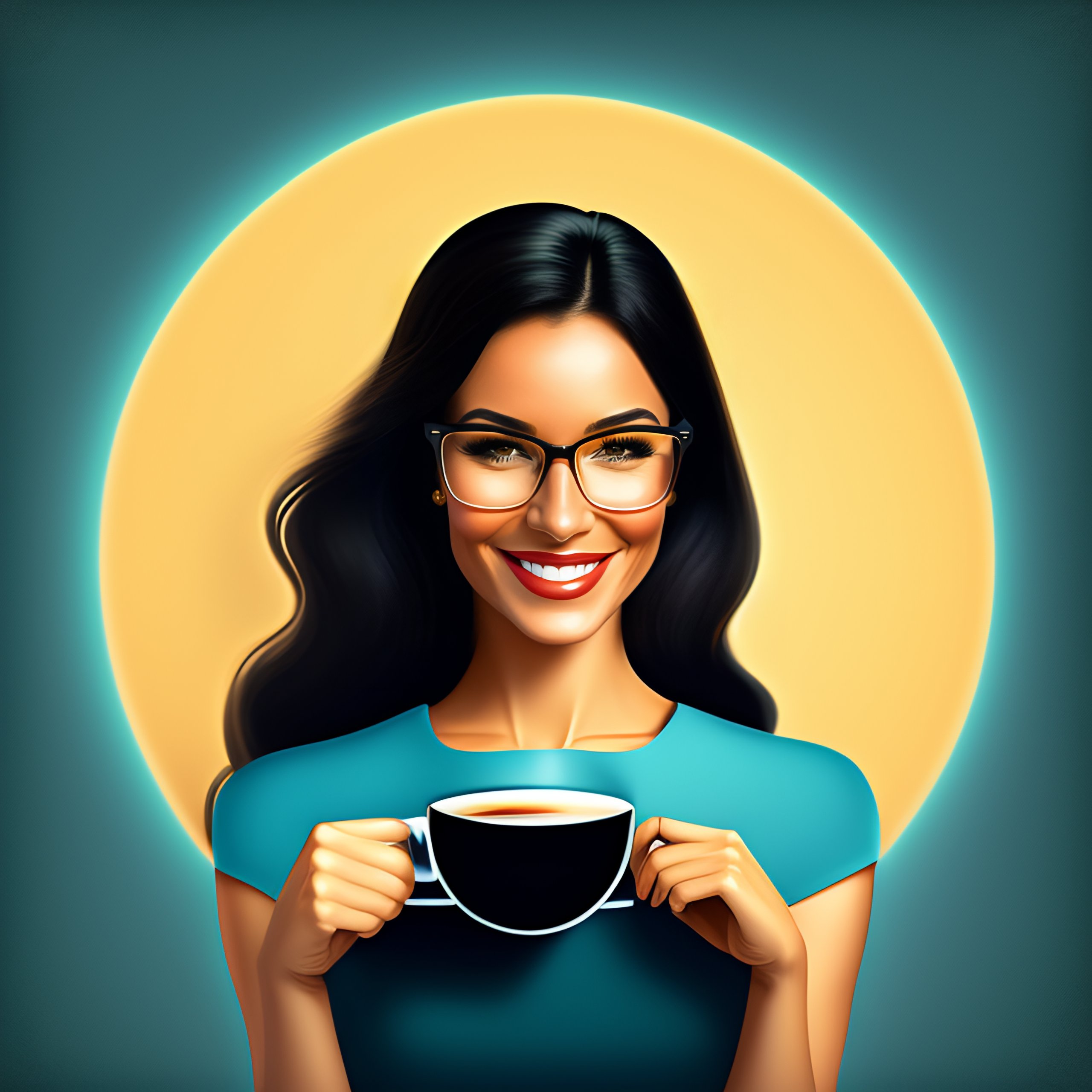 A woman with long dark hair and a smile on her face. She wears black glasses and has a cup of coffee in her hand.